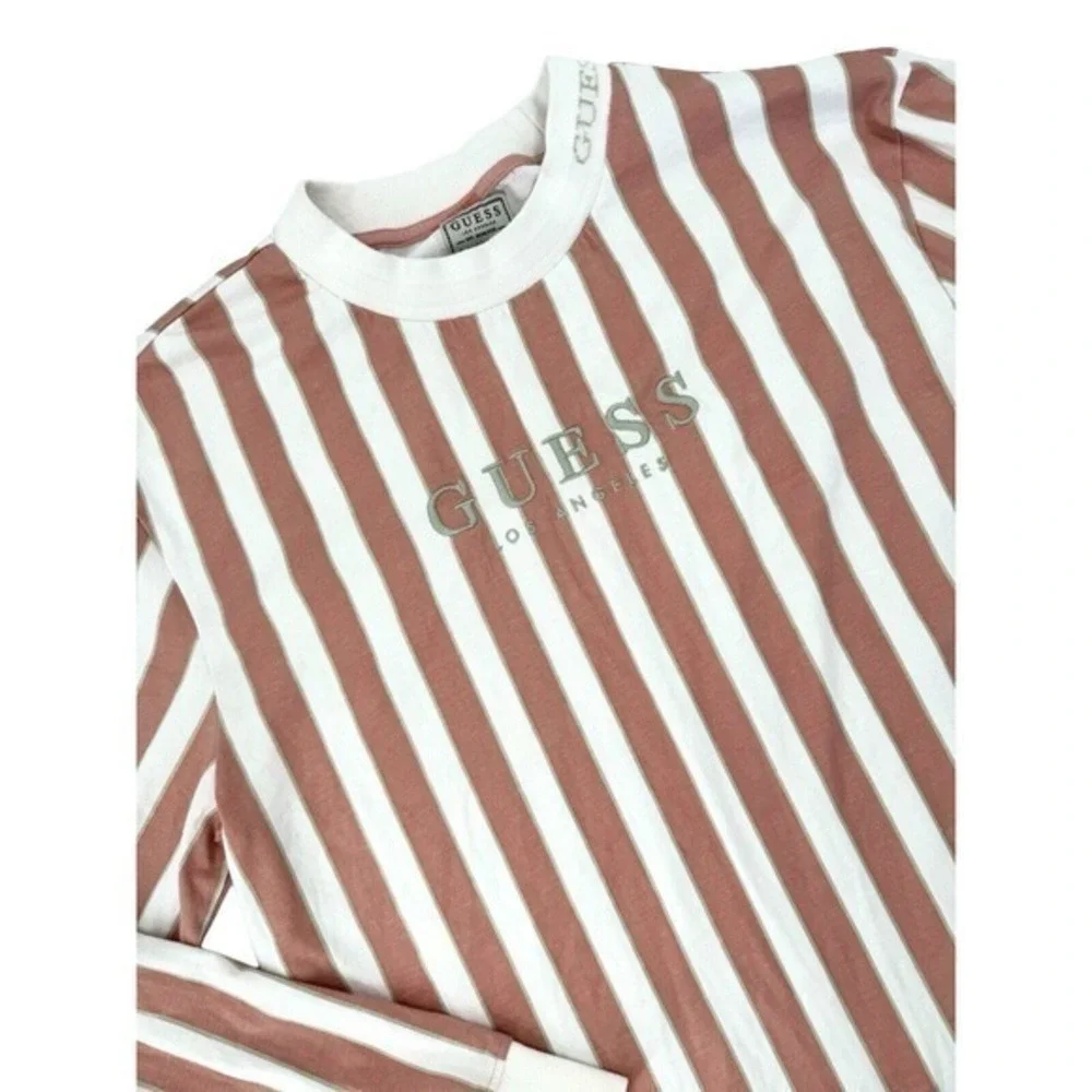 Guess‎ Pink Striped Long Sleeve Crew Neck Shirt Embroidered Guess Logo Women's M
